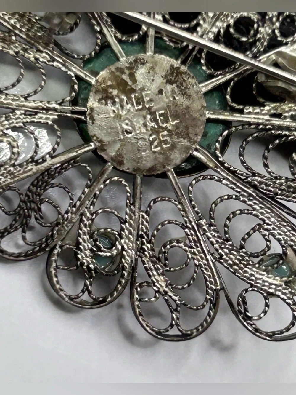 VTG Israel 925. Silver Filigree Flower Brooch with Turquoise Stones - Green/Blue